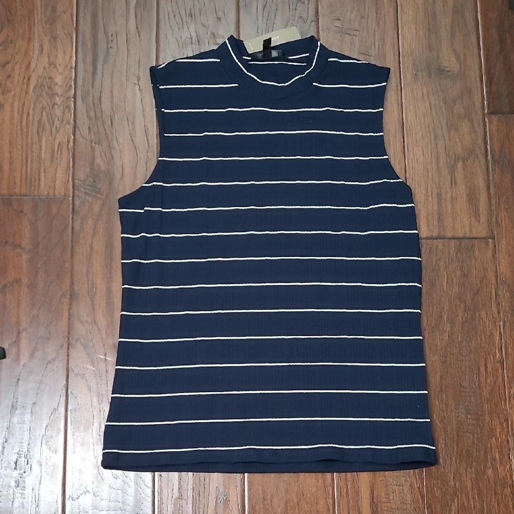 J. Crew Navy Blue & White Striped Sleeveless Ribbed High-Neck Top size XL